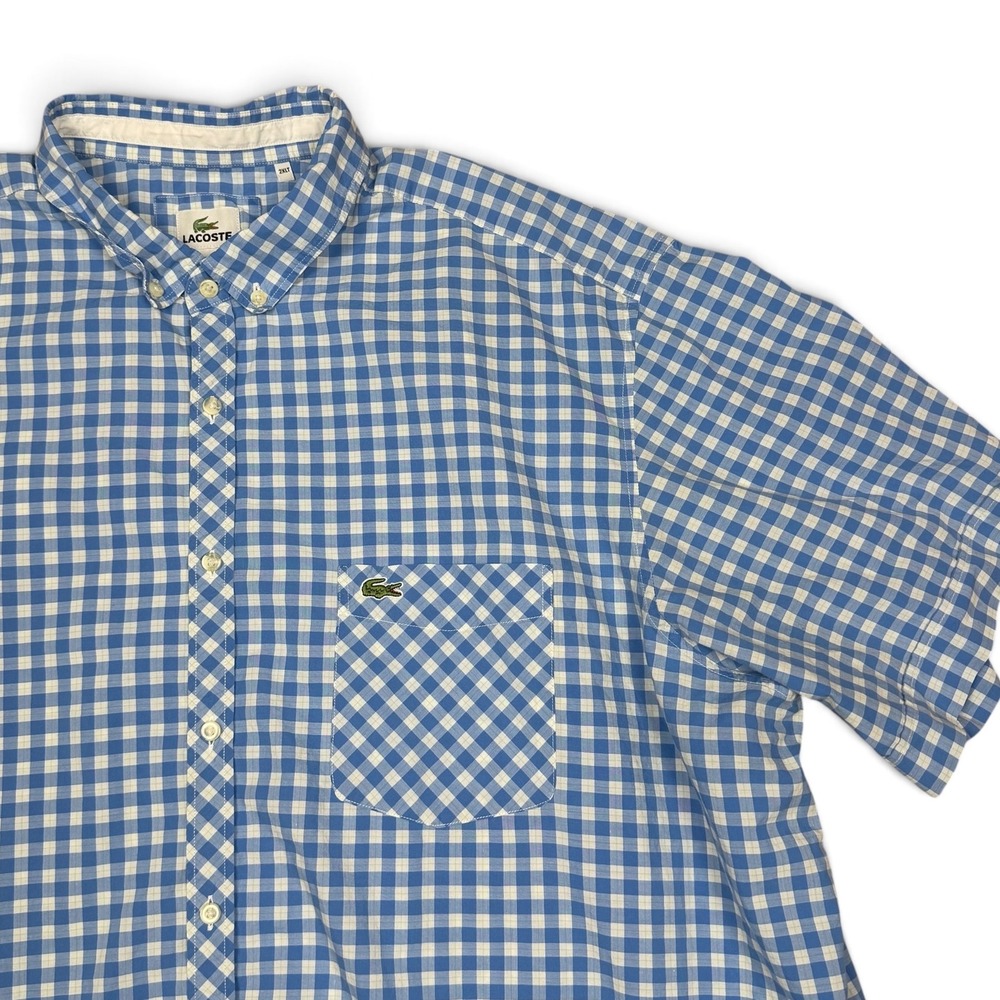 Lacoste Mens 2XLT Gingham Plaid Short Sleeve Button Down Shirt Blue White FA8990